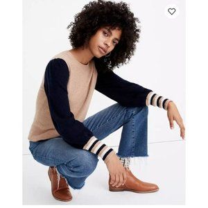 Madewell XXXSmall Baybrook Color Block Tan Navy Pullover Sweater Balloon Sleeve